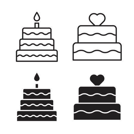 Wedding cake icon collection. Black Line stroke silhouette style icons