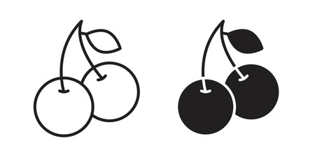 Cherry icon set. outlined and solid flat clipart versions.