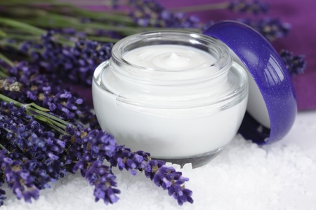 Face cream with lavender on sea salt  lat. Lavandula anugustifoliaの写真素材