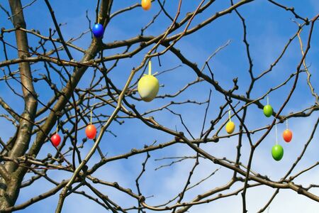 Easter eggs on the trees against blue sky. Easter background with colored eggs.