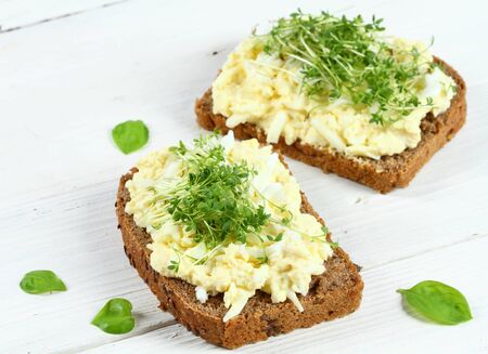 Egg salad over brown bread with garden cress. White background.  Homemade spread made from eggs, mayonnaise and mustard.の写真素材