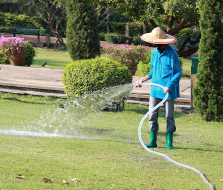 Worker watering a beautiful park with a hose. Photo was taken in Bangkok, Thailand, February 5th, 2015.のeditorial素材