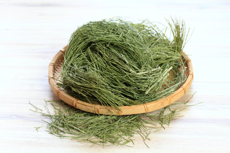 Equisetum arvense, the field horsetail or common horsetail, dried in the basket on wooden table. It...