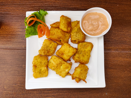 Paneer Pakoda presented with mayonnaise sauceの写真素材