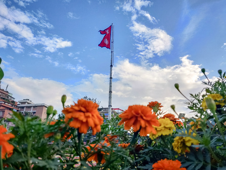 Flowers and National flag of Nepal in the backgroundの写真素材