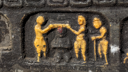Life of Buddha depicted on a stone carvingsの写真素材