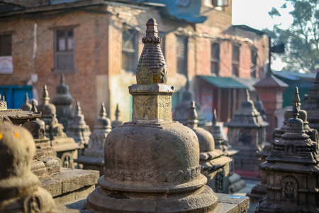 Old ancient stone structures at Swayambhunath Stupa in Kathmandu, Nepalの写真素材