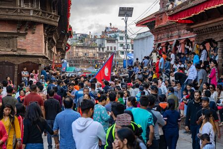 Kathmandu, Nepal - September 13 2019: Crowd of people gathers to watch and celebrate Indra Jatra Festival at Kathmandu Durbar Square premises, Nepalのeditorial素材