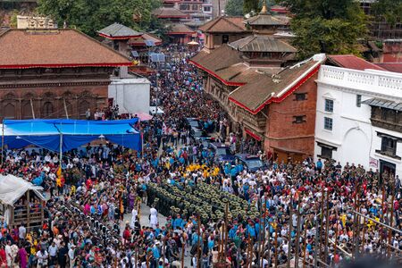 Kathmandu, Nepal - September 13 2019: Crowd of people gathers to watch and celebrate Indra Jatra Festival at Kathmandu Durbar Square premises, Nepalのeditorial素材