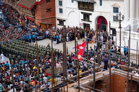 Kathmandu, Nepal - September 13 2019: Crowd of people gathers to watch and celebrate Indra Jatra...