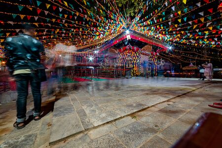 Kathmandu, Nepal - October 2 2019: Hindu Temple decorated with lights for Diwali Festival