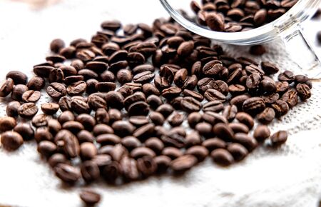 Roasted coffee beans on white backgroundの写真素材