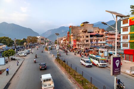 Butwal, Nepal - October 27 2019: Busy downtown street of Butwal city in Nepal.