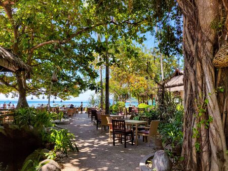Krabi Town, Thailand - November 23 2019: A restaurant on railay beach in Thailand.のeditorial素材