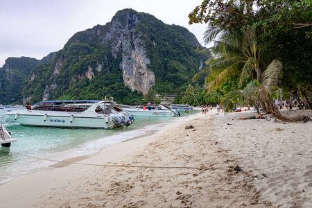Phi Phi Island, Thailand - November 24 2019: People and tourists sunbathing at Ao Tonsai Beach in Phi Phi Island.のeditorial素材