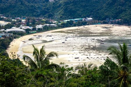 Aerial: Dried up Loh Dalum Beach in Phi Phi Island.の写真素材