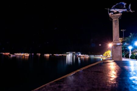 Boats and ferries at the port of Phi Phi Island at nightの写真素材