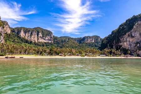Railay beach and cliff shaped mountains in Krabi Town, Thailand.の写真素材