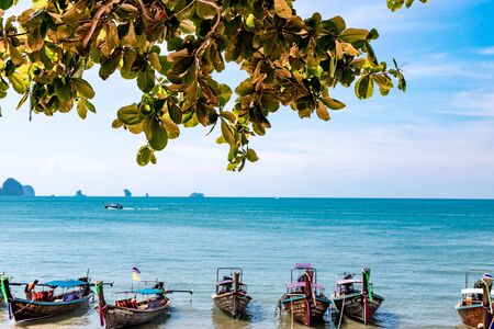 Traditional Longtail boats parked at Ao Nang Beach in Krabi, Thailand.の写真素材