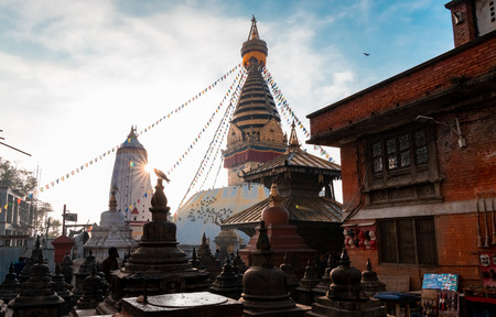 Swayambhunath Stupa, aka The Monkey Temple, during sunrise in Kathmandu, Nepal.のeditorial素材