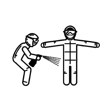 man in PPE disinfecting the suit of another person iconのイラスト素材