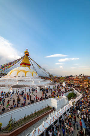 Kathmandu, Nepal - June 30 2019: Crowd of Buddhist Devotees Circulating the holy Boudhanath Stupa on the occasion Buddha Purnima aka Buddha Jayanti.のeditorial素材