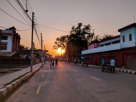 Bhairahawa, Nepal - May 19 2020: People roaming on the empty streets during sunset during nationwide lockdown to contain the novel coronavirus outbreak.のeditorial素材