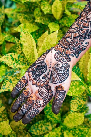 Hands of woman with detailed henna design artの写真素材