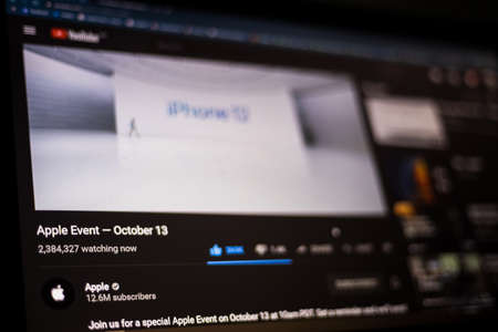 Kathmandu, Nepal - October 13 2020: Watching Apple event online on Apple's YouTube Channel. More...