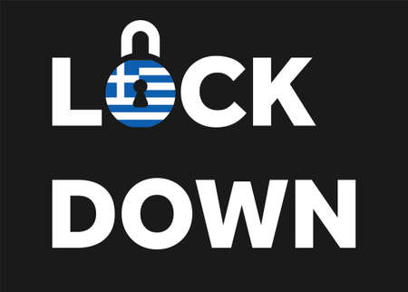 Lockdown in Greece. Flag of Greece on a padlock to indicate second lockdown in the country due to increasing number of COVID-19 cases.のイラスト素材