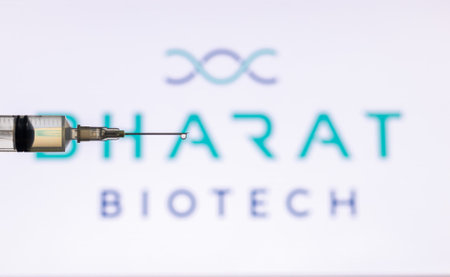 Kathmandu, Nepal - December 15 2020: Closeup of Syringe Injection full of vaccine against Bharat...
