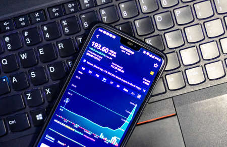 Kathmandu, Nepal - January 29 2021: Stock trading app on phone shows stock price of GME against GameStop logo.のeditorial素材