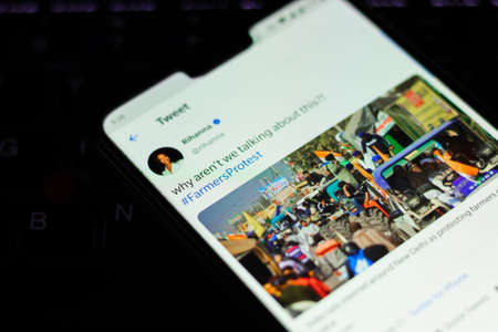 Kathmandu, Nepal - February 5 2021: Rihanna tweets about Indian Farmers Protests happening in New...
