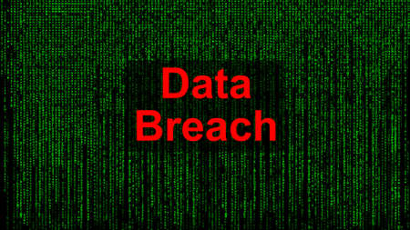 Data Breach. Red text with Data Breach against matrix-style green text backgroundの写真素材