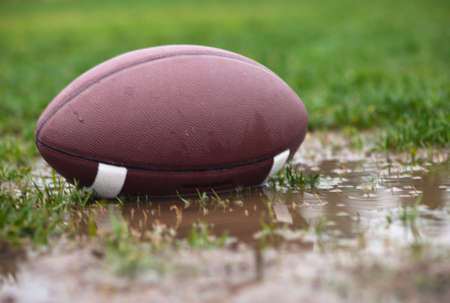 A close up of a football sitting in muddy water and grass.の写真素材