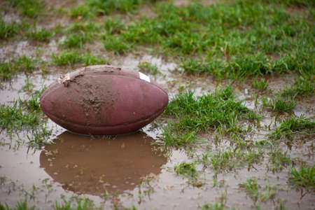 A close up of a football sitting in muddy water and grass.