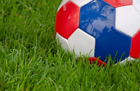 A close up of a red, white and blue soccer ball sitting in green grass.の写真素材