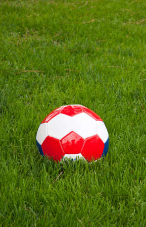 A close up of a red, white and blue soccer ball sitting in green grass.の写真素材