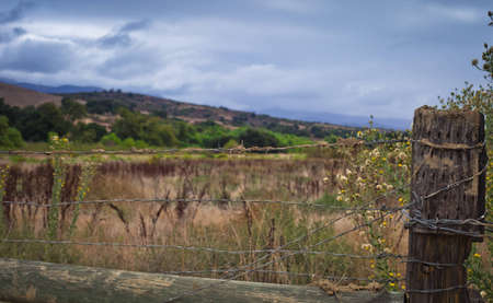 A close up of a old barb wire fence with a cloudy background.