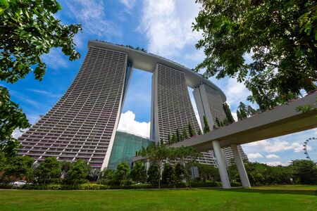 Singapore - May 4 : A ground up view of the Marina Bay Sands Resort Hotel on May 4,2016 in Singapore, the world's most expensive standalone casino property.のeditorial素材
