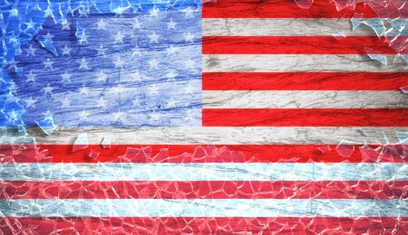 American flag on wooden texture in broken glass frame, vintage styleの写真素材