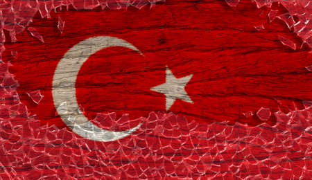 Turkey flag on wooden texture in broken glass frame, 3d vintage styleの写真素材