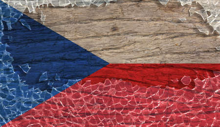 Czech Republic flag on wooden texture in broken glass frame, 3d vintage style