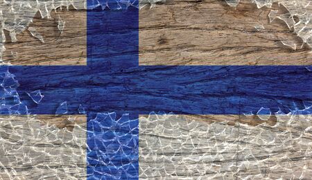 Finland flag on wooden texture in broken glass frame, 3d vintage styleの写真素材