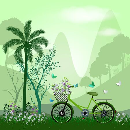 bicycle with flowers basket in the green field background, vector eps10のイラスト素材