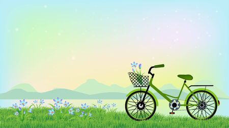 Green bicycle on blossom flowers field and green grass background, vector illustration.のイラスト素材
