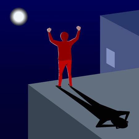 Cartoon character, a man standing on roof top at night and raise his hands over head. vector illustration eps 10のイラスト素材