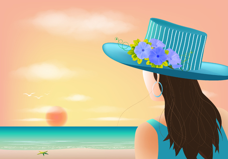 Woman looking at sunset on the beach, vector illustrationのイラスト素材