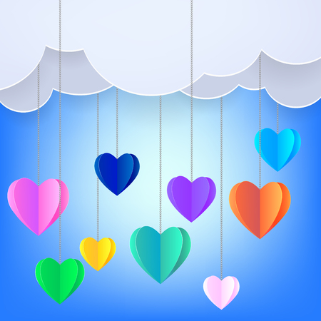 Paper art of hearts hanging on the clouds on blue background, vector illustration eps10のイラスト素材