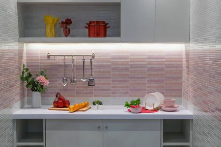 A modern style mini kitchen room interior with some foods.の写真素材